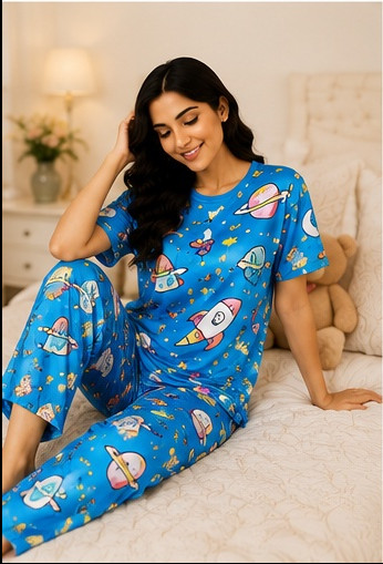 Women’s Lavender Cat Printed Night Suit | Cute Coffee First T-Shirt with Full Length Pajama