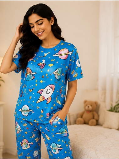 Women’s Blue Space & Rocket Printed Night Suit | Short Sleeve Top with Full Length Pajama Set