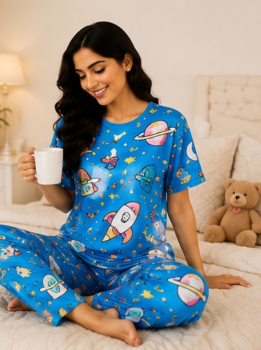 Women’s Blue Space & Rocket Printed Night Suit | Short Sleeve Top with Full Length Pajama Set