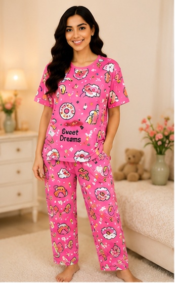 Women’s Pink Printed Night Suit | Cute Graphic Short Sleeve Top with Full Length Pajama Set