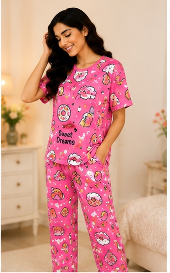Women’s Pink Printed Night Suit | Cute Graphic Short Sleeve Top with Full Length Pajama Set
