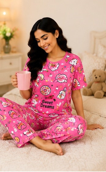 Women’s Pink Printed Night Suit | Cute Graphic Short Sleeve Top with Full Length Pajama Set