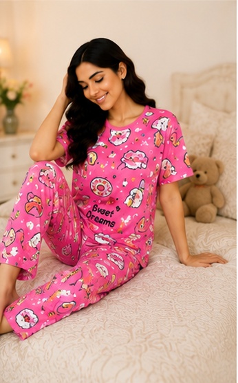 Women’s Pink Printed Night Suit | Cute Graphic Short Sleeve Top with Full Length Pajama Set