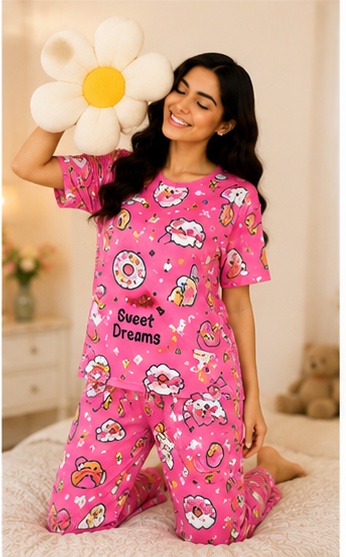 Women’s Pink Printed Night Suit | Cute Graphic Short Sleeve Top with Full Length Pajama Set