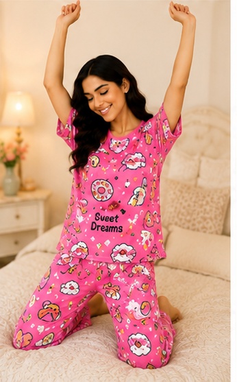 Women’s Pink Printed Night Suit | Cute Graphic Short Sleeve Top with Full Length Pajama Set
