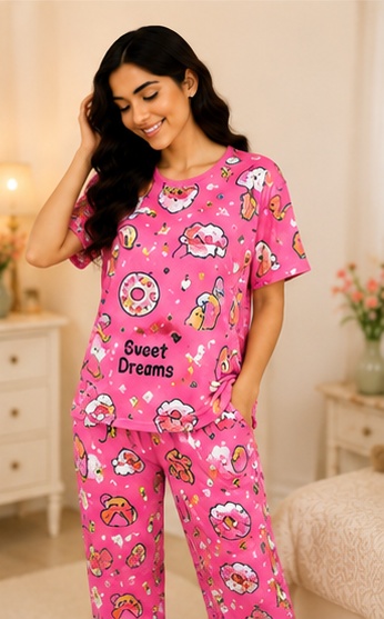 Women’s Pink Printed Night Suit | Cute Graphic Short Sleeve Top with Full Length Pajama Set