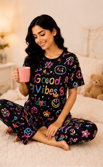 Women’s Black Printed Cotton Night Suit with “Good Vibes” Graphic – Short Sleeve T-Shirt & Pyjama Set