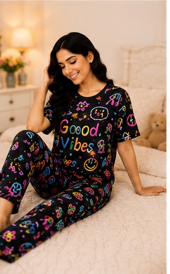 Women’s Black Printed Cotton Night Suit with “Good Vibes” Graphic – Short Sleeve T-Shirt & Pyjama Set