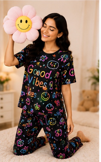 Women’s Black Printed Cotton Night Suit with “Good Vibes” Graphic – Short Sleeve T-Shirt & Pyjama Set