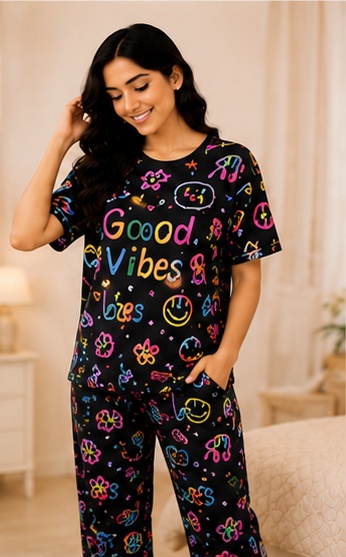 Women’s Black Printed Cotton Night Suit with “Good Vibes” Graphic – Short Sleeve T-Shirt & Pyjama Set