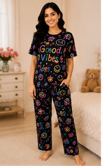 Women’s Black Printed Cotton Night Suit with “Good Vibes” Graphic – Short Sleeve T-Shirt & Pyjama Set