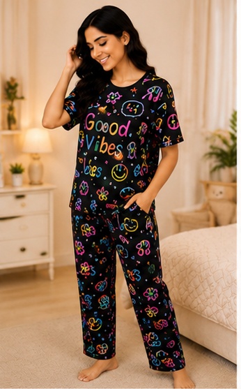 Women’s Black Printed Cotton Night Suit with “Good Vibes” Graphic – Short Sleeve T-Shirt & Pyjama Set