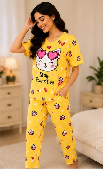 Women’s Yellow Printed Night Suit | Cute Cat Graphic T-Shirt with Full Length Pajama Set