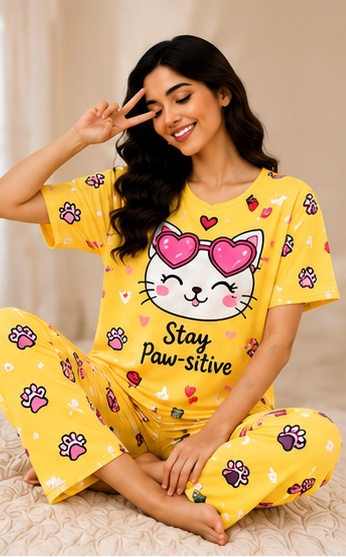 Women’s Yellow Printed Night Suit | Cute Cat Graphic T-Shirt with Full Length Pajama Set