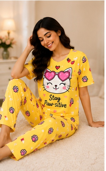 Women’s Yellow Printed Night Suit | Cute Cat Graphic T-Shirt with Full Length Pajama Set