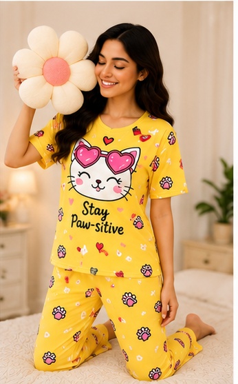 Women’s Yellow Printed Night Suit | Cute Cat Graphic T-Shirt with Full Length Pajama Set