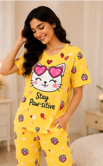 Women’s Yellow Printed Night Suit | Cute Cat Graphic T-Shirt with Full Length Pajama Set