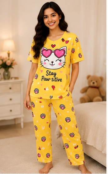 Women’s Yellow Printed Night Suit | Cute Cat Graphic T-Shirt with Full Length Pajama Set