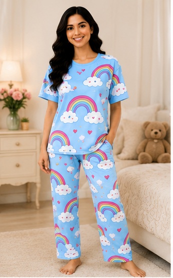 Women’s Sky Blue Rainbow Printed Night Suit | Short Sleeve Top with Full Length Pajama Set