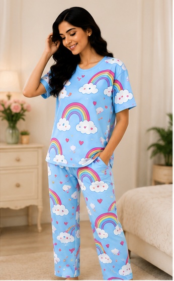 Women’s Sky Blue Rainbow Printed Night Suit | Short Sleeve Top with Full Length Pajama Set