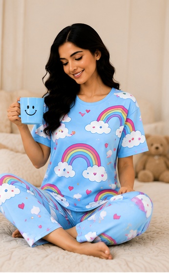 Women’s Sky Blue Rainbow Printed Night Suit | Short Sleeve Top with Full Length Pajama Set