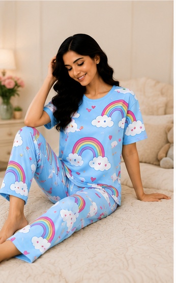Women’s Sky Blue Rainbow Printed Night Suit | Short Sleeve Top with Full Length Pajama Set