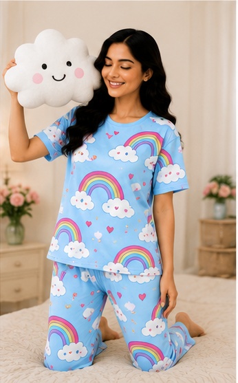 Women’s Sky Blue Rainbow Printed Night Suit | Short Sleeve Top with Full Length Pajama Set