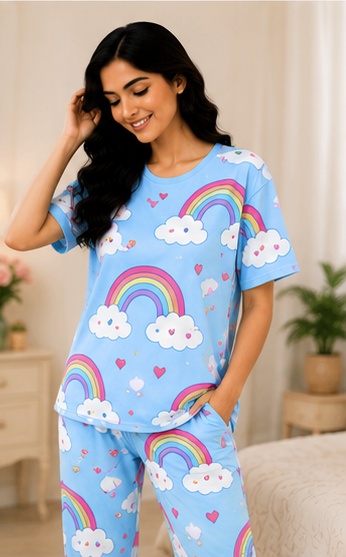 Women’s Sky Blue Rainbow Printed Night Suit | Short Sleeve Top with Full Length Pajama Set