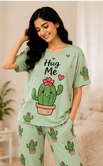 Women’s Mint Green Cactus Printed Night Suit | Short Sleeve Top with Full Length Pajama Set