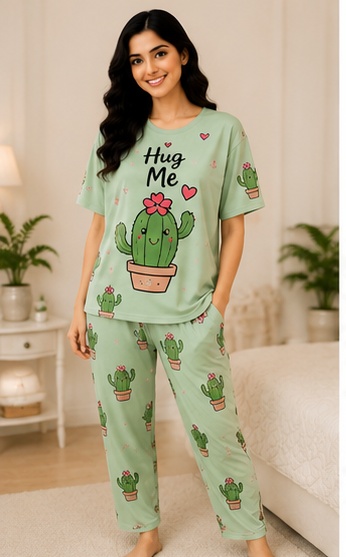 Women’s Mint Green Cactus Printed Night Suit | Short Sleeve Top with Full Length Pajama Set