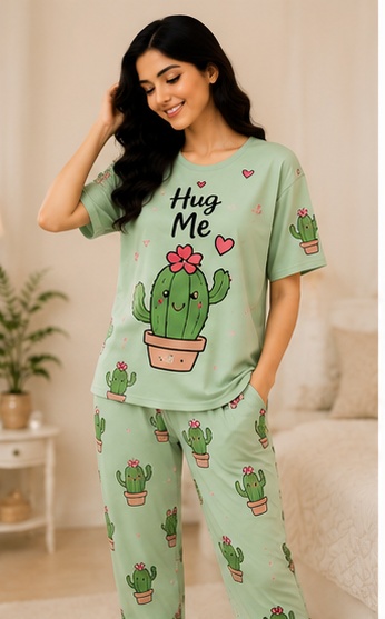 Women’s Mint Green Cactus Printed Night Suit | Short Sleeve Top with Full Length Pajama Set
