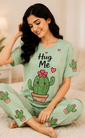 Women’s Mint Green Cactus Printed Night Suit | Short Sleeve Top with Full Length Pajama Set