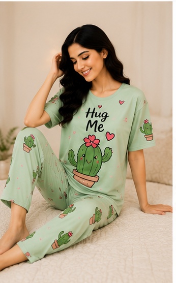 Women’s Mint Green Cactus Printed Night Suit | Short Sleeve Top with Full Length Pajama Set