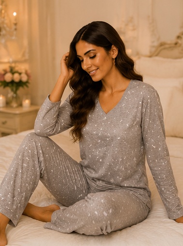 Women’s Grey Printed Cotton Night Suit with Full Sleeves | Comfortable Sleepwear Set