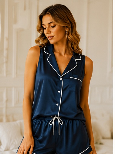 Women's Navy Blue Satin Sleeveless Night Suit Set | Premium Button-Down Top & Shorts Sleepwear for Women