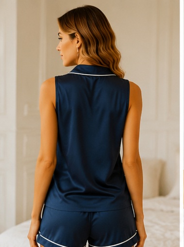 Women's Navy Blue Satin Sleeveless Night Suit Set | Premium Button-Down Top & Shorts Sleepwear for Women