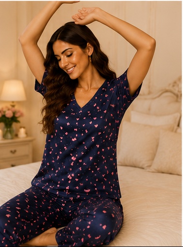 Women’s Navy Blue Printed Cotton Night Suit Set with Short Sleeves & Comfortable Pajama
