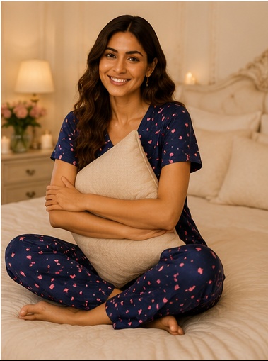 Women’s Navy Blue Printed Cotton Night Suit Set with Short Sleeves & Comfortable Pajama