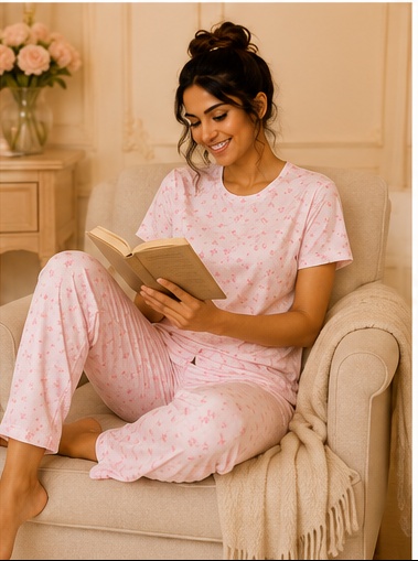 Women’s Pink Printed Cotton Night Suit Set | Short Sleeve Top & Full-Length Pajama