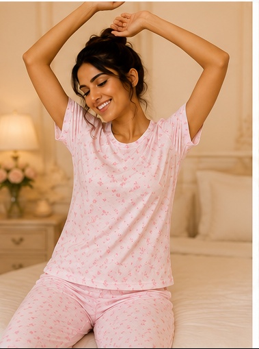 Women’s Pink Printed Cotton Night Suit Set | Short Sleeve Top & Full-Length Pajama