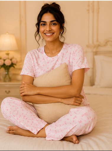 Women’s Pink Printed Cotton Night Suit Set | Short Sleeve Top & Full-Length Pajama