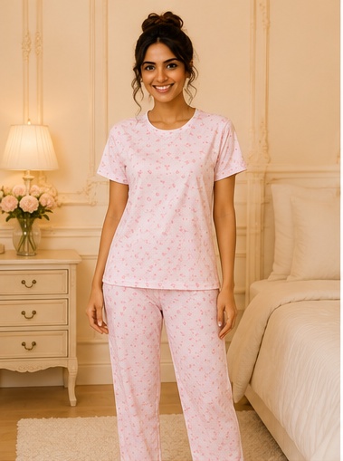 Women’s Pink Printed Cotton Night Suit Set | Short Sleeve Top & Full-Length Pajama