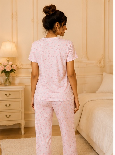 Women’s Pink Printed Cotton Night Suit Set | Short Sleeve Top & Full-Length Pajama