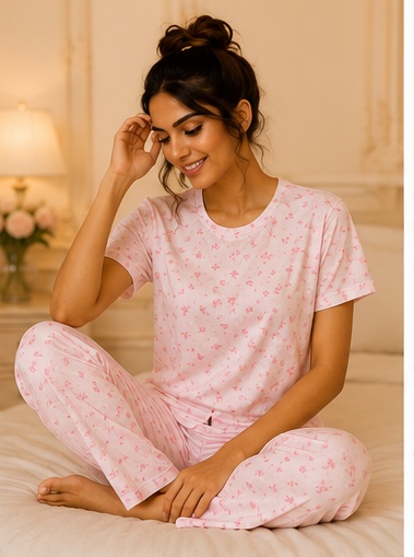 Women’s Pink Printed Cotton Night Suit Set | Short Sleeve Top & Full-Length Pajama