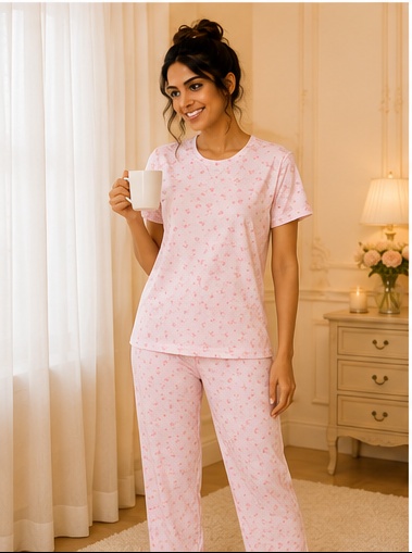 Women’s Pink Printed Cotton Night Suit Set | Short Sleeve Top & Full-Length Pajama