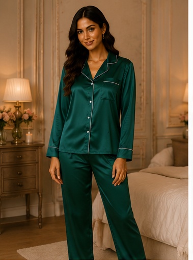 Women’s Emerald Green Satin Night Suit Set | Full Sleeve Button-Down Pajama Sleepwear