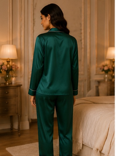 Women’s Emerald Green Satin Night Suit Set | Full Sleeve Button-Down Pajama Sleepwear