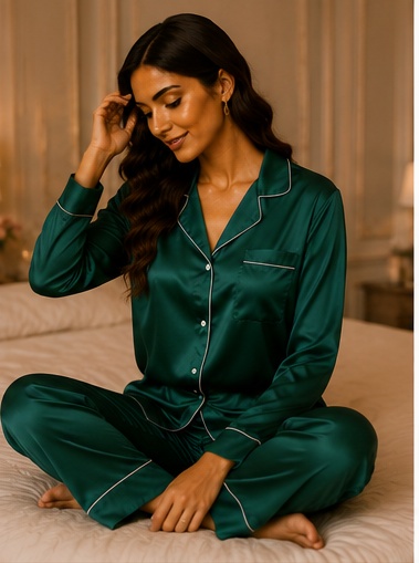 Women’s Emerald Green Satin Night Suit Set | Full Sleeve Button-Down Pajama Sleepwear