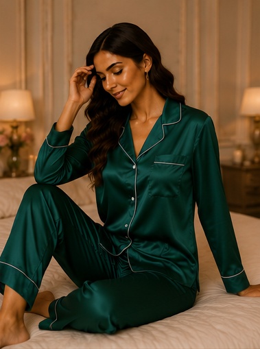 Women’s Emerald Green Satin Night Suit Set | Full Sleeve Button-Down Pajama Sleepwear