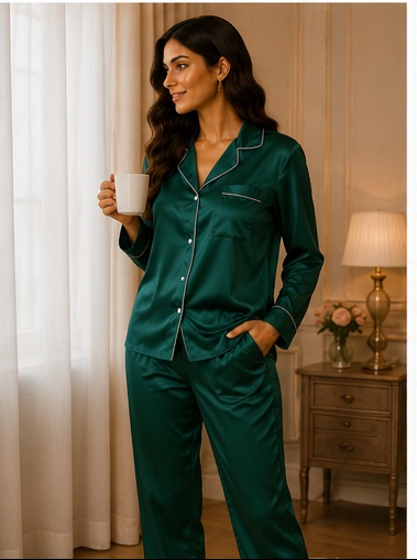 Women’s Emerald Green Satin Night Suit Set | Full Sleeve Button-Down Pajama Sleepwear